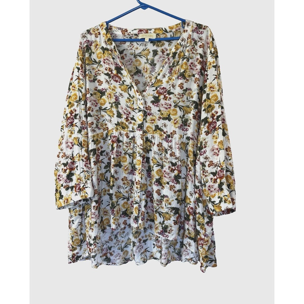 Floral Asymmetrical Button Down 3/4 Sleeve V-Neck Top 2X Empire Cottage Fairy
